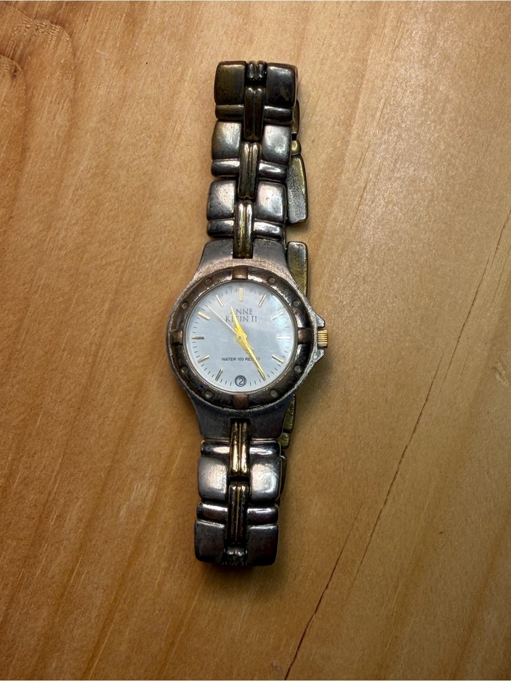 Vintage 90s Anne Klein Two-Tone Silver and Gold Bracelet Watch with White Dial